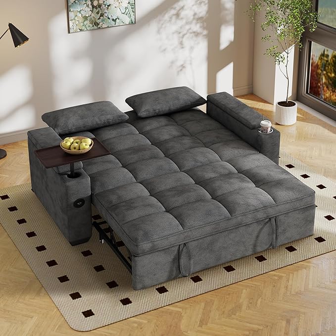 65'' Sleeper Sofa with Pull Out Bed 3 in 1 Convertible Sofa with Cup Holder and Storage Armrests Chenille Loveseat with Swivel Table Adjustable Backrest &amp Charging Ports for Living Room Grey
