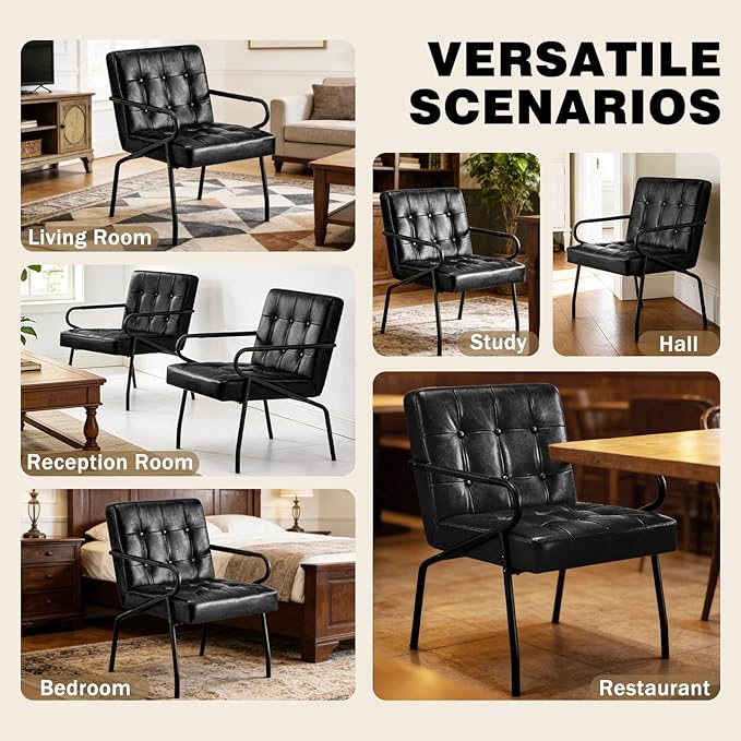 Modern Leather Accent Chair Comfy Reading Arm Chairs Ergonomic Lounge with Extra Soft Pocket Spring Cushion for Living Room Waiting Room Bedroom Office 300lbs Capacity Black