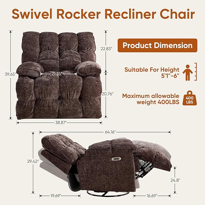 Oversized Swivel Power Rocker ReclinerElectric Recliner Chairs for AdultsExtra Wide Seat ReclinersUpholstered Nursery Reclining Glider ChairSwivel Chairs for Living RoomBrown