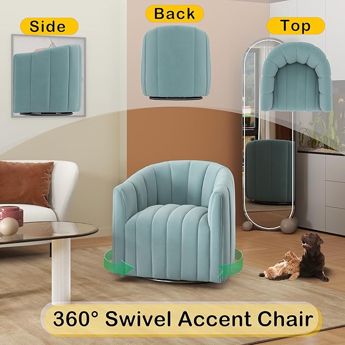 Swivel Accent Chair Velvet Barrel Arm Chair for Living Room Pumpkin Shaped Curved Chair with Metal Base for Bedroom Balcony Study Room（Blue）