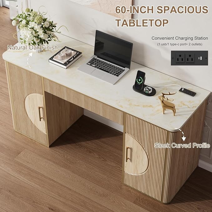60 Fluted Computer Desk Wooden Long Home Office Writing Desk with Drawer &amp Storage Cabinet Modern Writing Table with Charging Station High Executive Desk for OfficeBedroom Nature Oak
