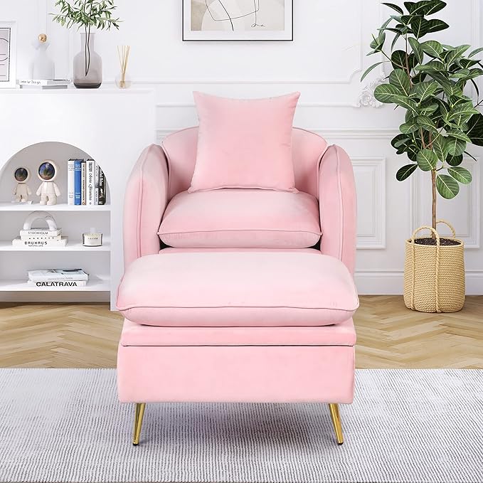 35.2 Modern Accent ChairSingle Sofa Chair with Ottoman Foot Rest and Pillow for Living Room Bedroom Small Spaces Apartment OfficePink