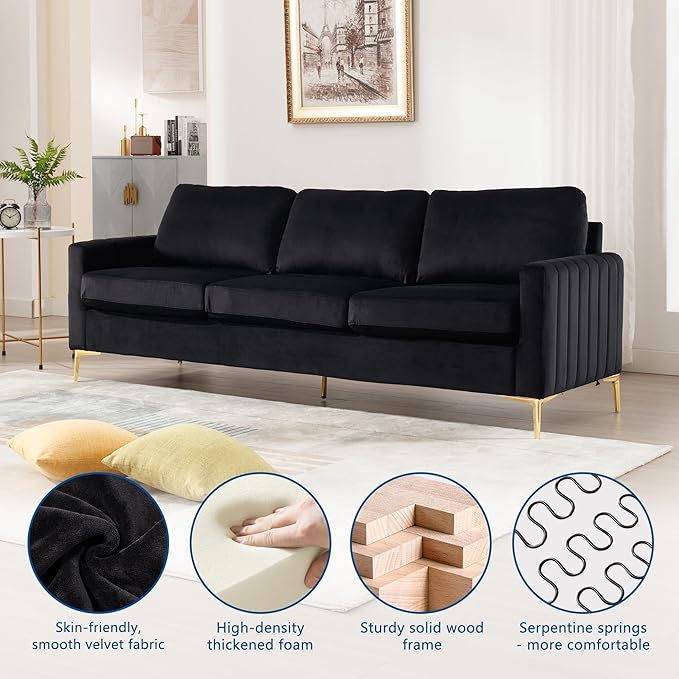 2 Piece Sofa and Loveseat Set Comfy Tufted Velvet Couch and Loveseat Sets Furniture with Gold Leg Mid Century Modern Couch Soft Upholstered Sofa Set of 2 for Living Room Bedroom Office (Black)