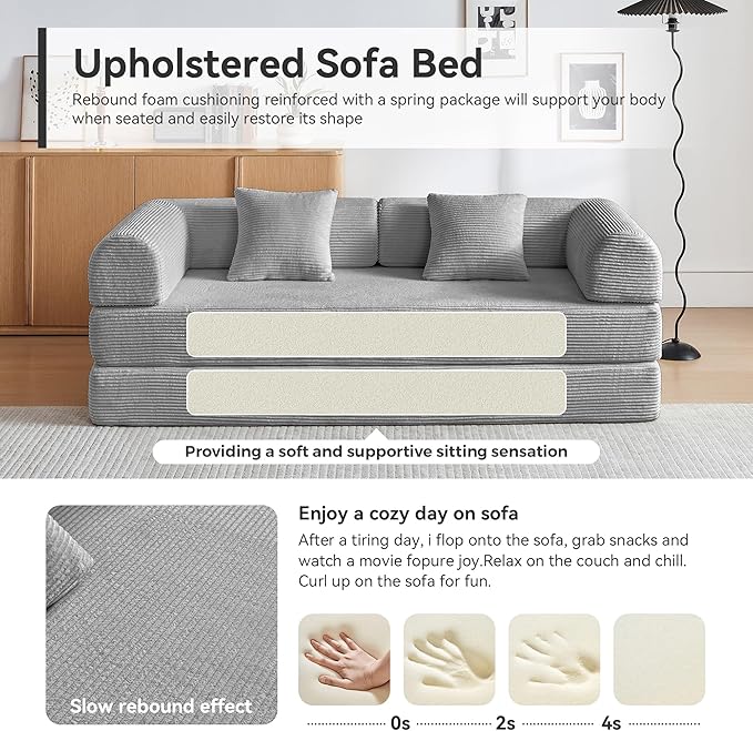 Convertible Sleeper Sofa Bed Sleeper Sofa with Pillow | Corduroy Fabric | High-Density Sponge | Fixed-Shape Frame Modular Sofa Bed for Living Room Lounge Studio (Light Grey)