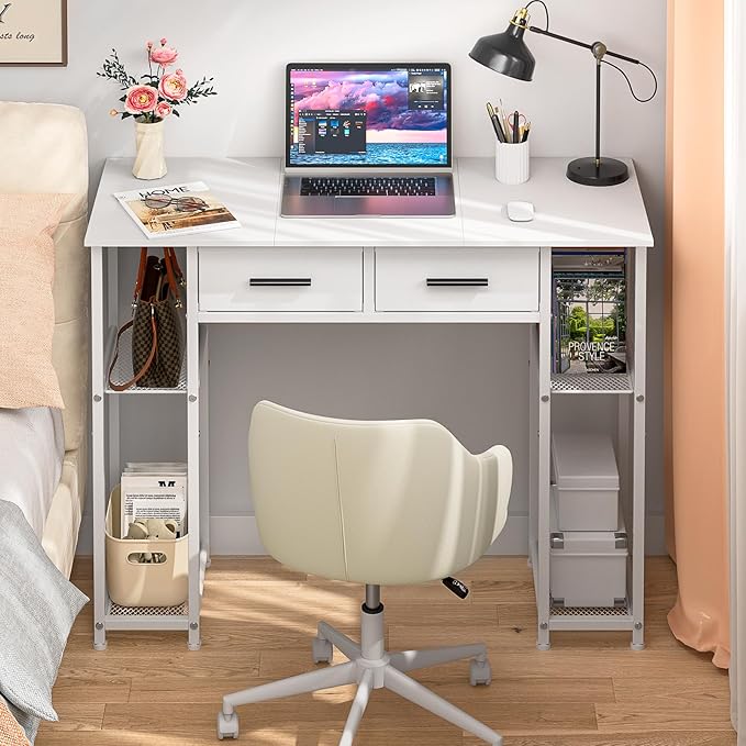 White Computer Desk with Drawers 37.3 Inch Home Office Work Desk with Storage Shelf Kids Teens Study Table for Small Space Small Writing PC Table for Bedroom Makeup Vanity Desk
