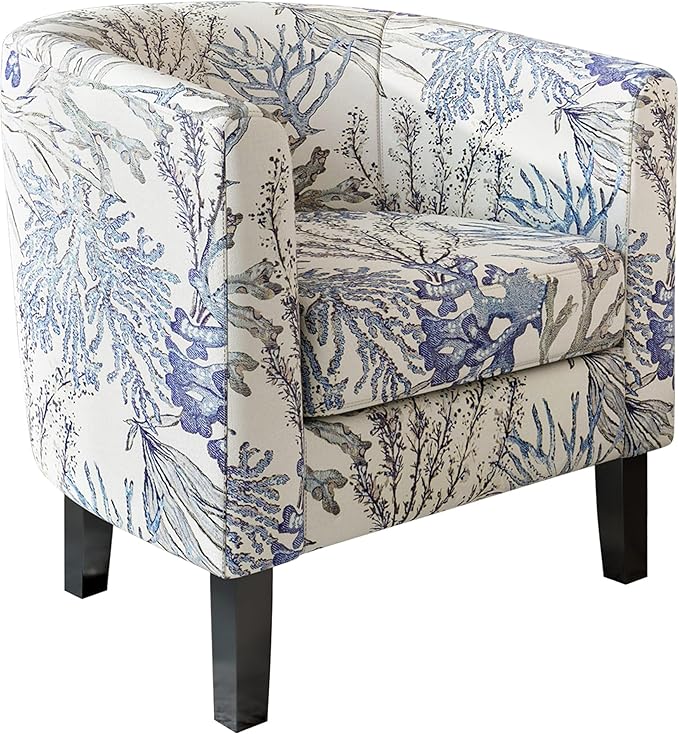 BELLEZE Living Room Chair Linen Round Accent Barrel Chair Club Tub Sofa Chair for Bedroom Corner Chair with Flared Legs and Cozy Soft Padding - Highland (Blue Coral)