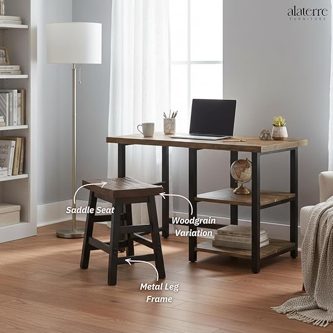 Alaterre Furniture Pomona Rustic Industrial Barstool – 20” Backless Counter Stool with Solid Pine Wood Seat and Black Metal Legs – Farmhouse Seating for Dining Room Kitchen or Office (Natural/Black)