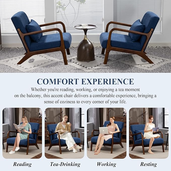 Minimalist Accent Chair Velvet Upholstered Mid-Century Modern Chair with Pillow Lounge Arm Chair with High Backrest Comfy Reading Chair for Living Room Balcony (Blue)