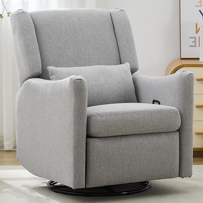 Lazy Boy Glider Recliner Nursery Chair with Wingback Swivel Rocker for Small Spaces Thick Cushion Linen (Grey 1)