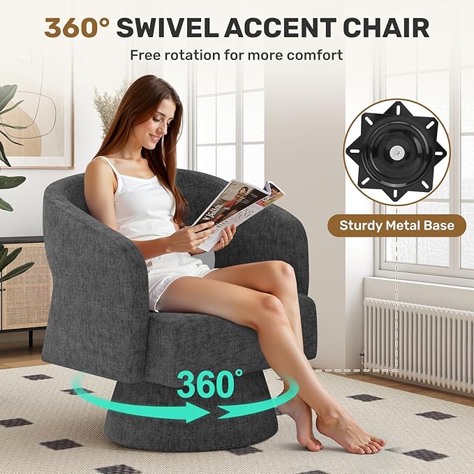 Swivel Accent Chair Set of 2 Modern Comfy Chenille Barrel Chairs Oversized Upholstered Round Arm Chair for Living Room Bedroom Reading Room Black