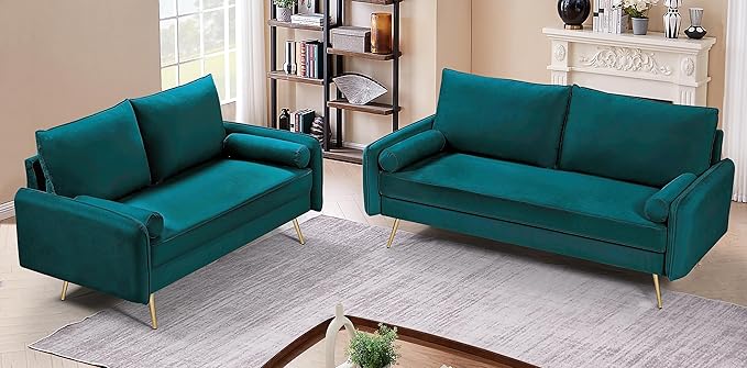 Kent Modern Loveseat European Style Velvet Living Room Furniture with Tapered Legs Vintage Flair and Sleek Design Love Seat Greenish Blue
