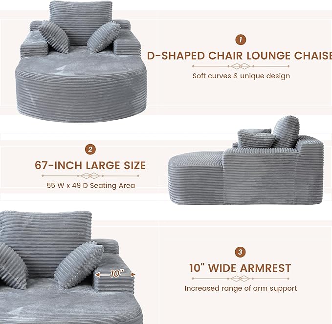 Luxury Oversized D-Shape Couch Corduroy Recliner Sofa Chair No Assembly Required 67 Zero Gravity Lounge Chair Deep Seat for Living Room Bedroom Includes 3 Pillows Gray