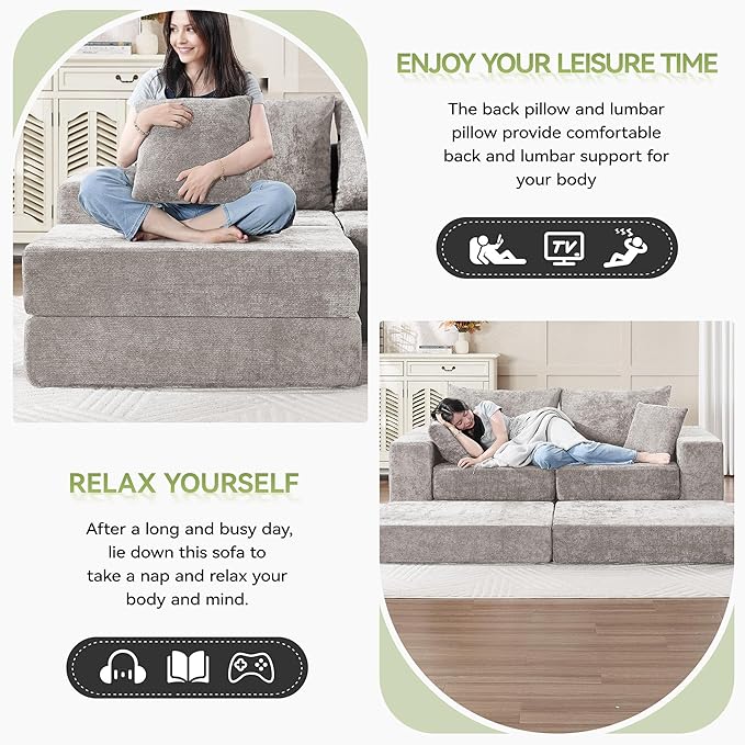 79 Boneless Loveseat Sofa Couch Modular Foldable Floor Cloud Sofa with Ottoman Lounge Convertible Sofa Bed for Living Room No Assembly Chenille Light Grey