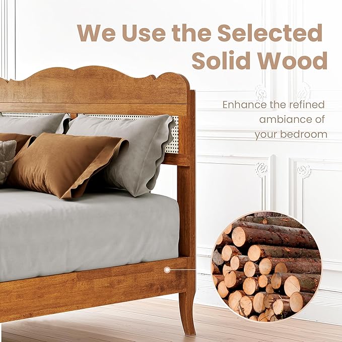 PHI VILLA Full Rattan Bed Frame with Headboard Mid Century Modern Wooden Bed Frames No Box Spring Needed Brown