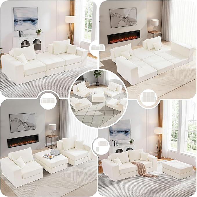 Boneless Sectional Loveseat Couch with Ottoman Convertible Tufted Button Modular Floor Sleeper Sofa Bed Comfy Foldable Compression Love Seat Sofa for Living Room No Assembly Beige