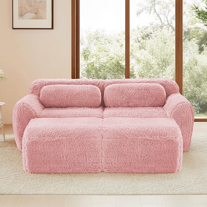 80 Sectional Couches for Living Room Comfy Boneless Couch 2 Seater Cloud Sofa Compressed Loveseat with 2 Ottomans Modern Love Seat in a Box Fluffy Plush Floor Couch No Assembly (Pink)