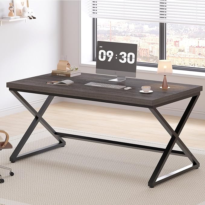 IBF Grey Home Office Desk Modern Computer Desk for Writing Study Wood Metal Rustic Pc Gaming Executive Work Desk Industrial Workstation Computer Table in Bedroom Dark Gray Oak 55 Inch