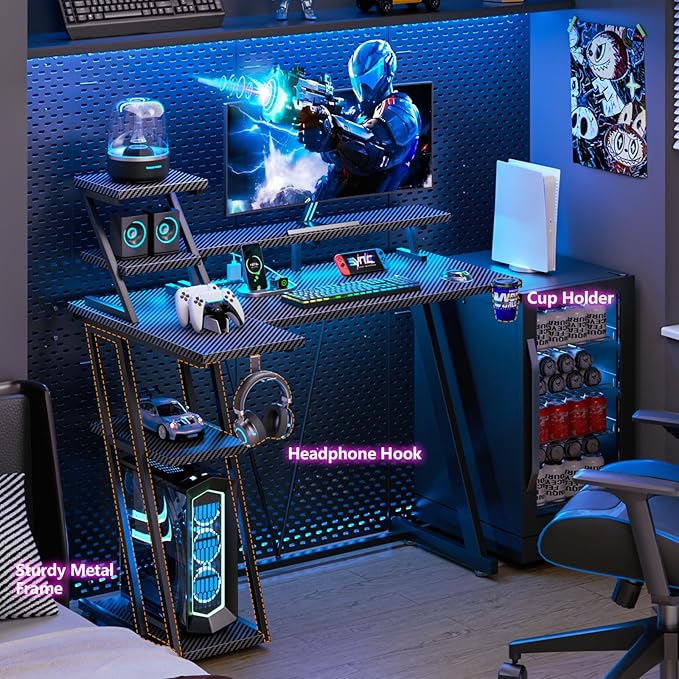 39 Inch Gaming Desk with LED Lights &amp Power Outlet Small Gaming Computer Desk with Storage Shelves L Shaped Gamer Workstations with Monitor Stand for Bedroom Carbon Fiber Black