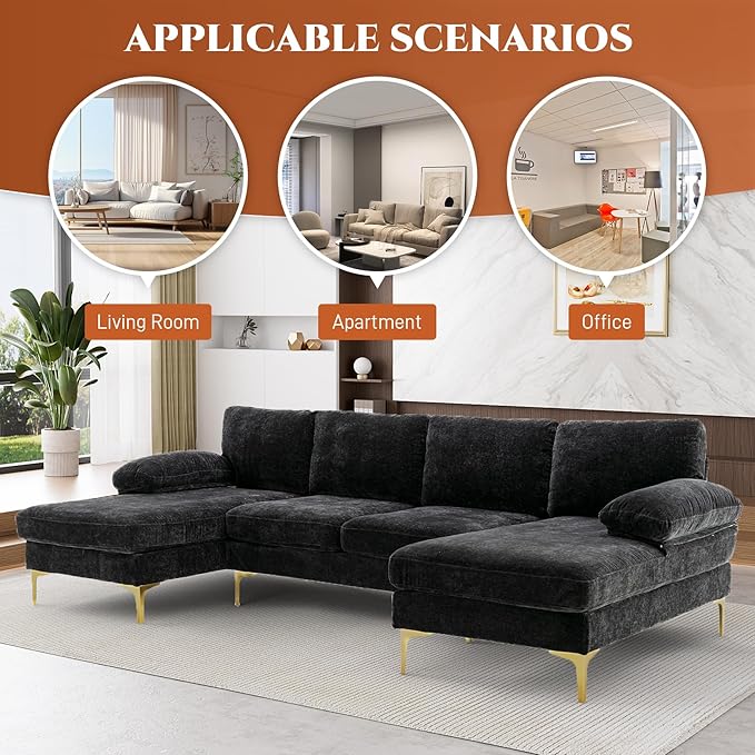 112 Cloud Sectional Sofa with Extra Deep SeatU Shaped Sectional Couches for Living Room4 Seater Chenille Sofas &amp CouchesModern Apartment Couch with Double Chaise Lounge (Black)