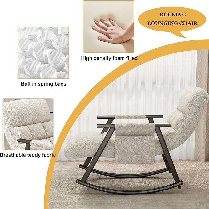 5-in-1 Folding Rocking Lounge Chair Indoor with 5 Angles Adjustable High Back+ Foot Rest Heavy Duty Casual Tufted Upholstered Glider Recling Chair For Living Room Bedroom Balcony (Teddy White)