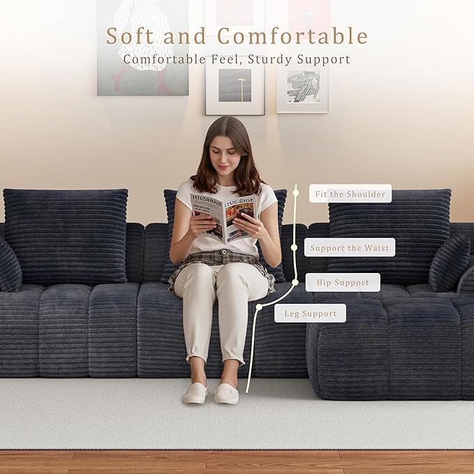 Chogori Corduroy Modular Sectional Sofa 118 Inch Boneless Cloud Couch with High Density Memory Foam Tufted L-Shaped Sofa for Living RoomNo Assembly (Gray)