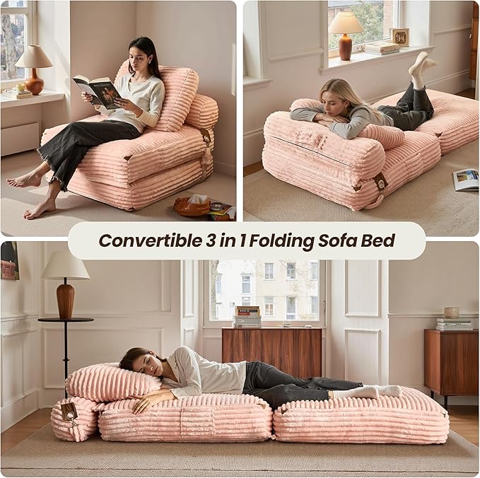 ovios Folding Sofa Bed Foldable Sleeper Chair Floor Futon Comfy Portable Convertible Fold Out Lounge Chairs for Living Room Bedroom Pink