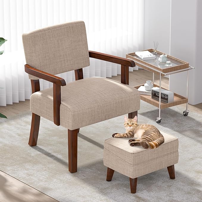 Accent Chairs with Adjustable Ottoman Comfy Arm Footrest Set Storage Footstool Sofa Armchair with Footrest Lazy Chair Set for Living Room/Bedroom/Reading Room Beige