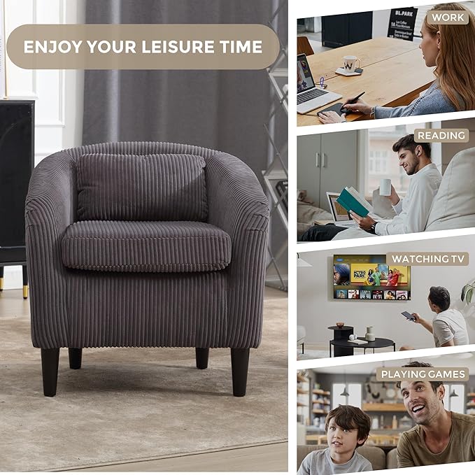 Living Room Accent Barrel Chair Century Modern Style Decorative Chair Armchair for Living Room with Thick Cushions and Pillows Comfy Single Sofa Chair Chair with Wooden LegsDark Grey