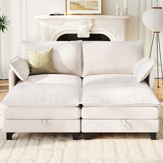 72 Loveseat Modular Sectional Sleeper Sofa Chenille Cloud Couch Bed with Storage Ottoman Modern Deep Seat Couches with Side Pocket for Living Room Bedroom and Apartment Beige
