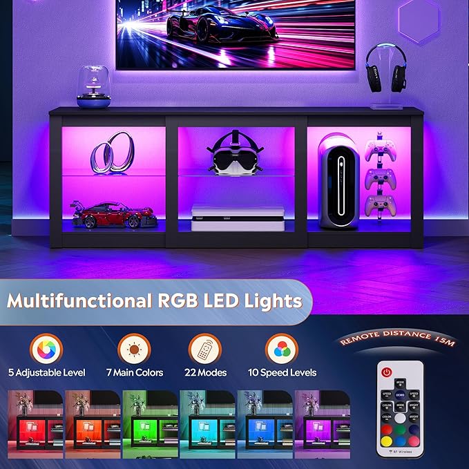 WLIVE Modern LED TV Stand for 65 70 Inch TV 58 Entertainment Center with Adjustable Glass Shelves &amp RGB Lights Wood Media Console Table for Living Room Bedroom Gaming Room Black
