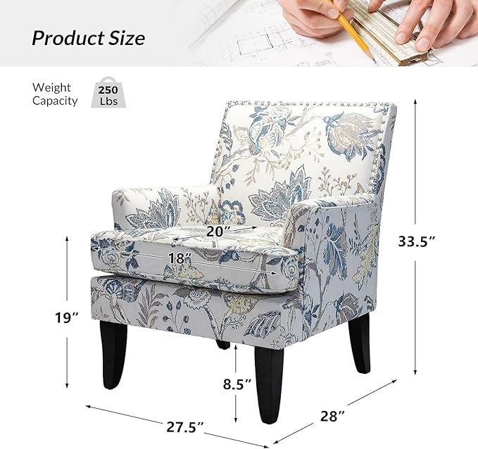 HULALA HOME Modern Accent Chair for Living Room Upholstered Fabric Single Sofa Chair Wingback Armchair with Wooden Legs for Bedroom Office Reading or Waiting Room Blue Yellow Floral