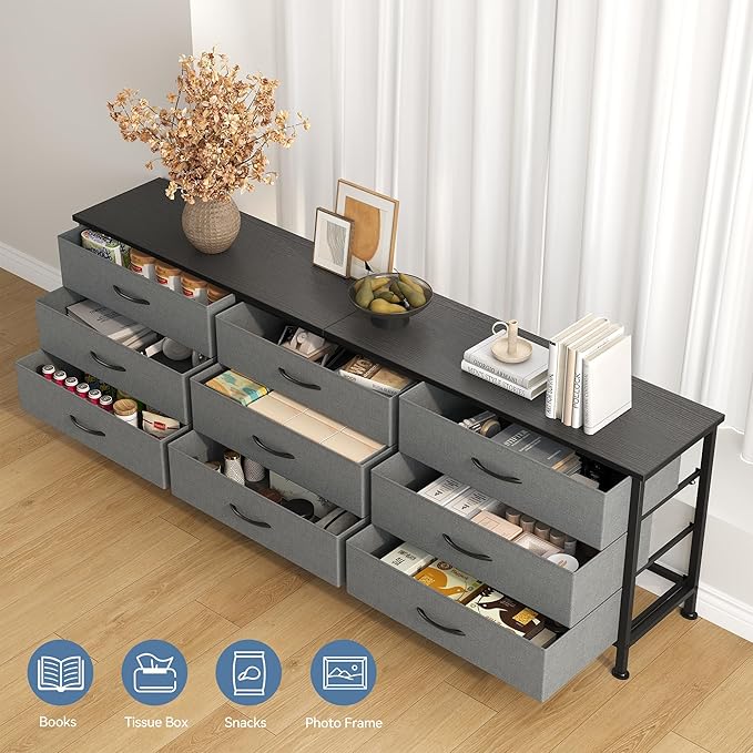 DUMOS TV Stands for Living Room Furniture with 9 Fabric Drawers Long Entertainment Center Up to 75 Inch TV Media Console Table with Storage for Bedroom Adjustable Feet Grey.