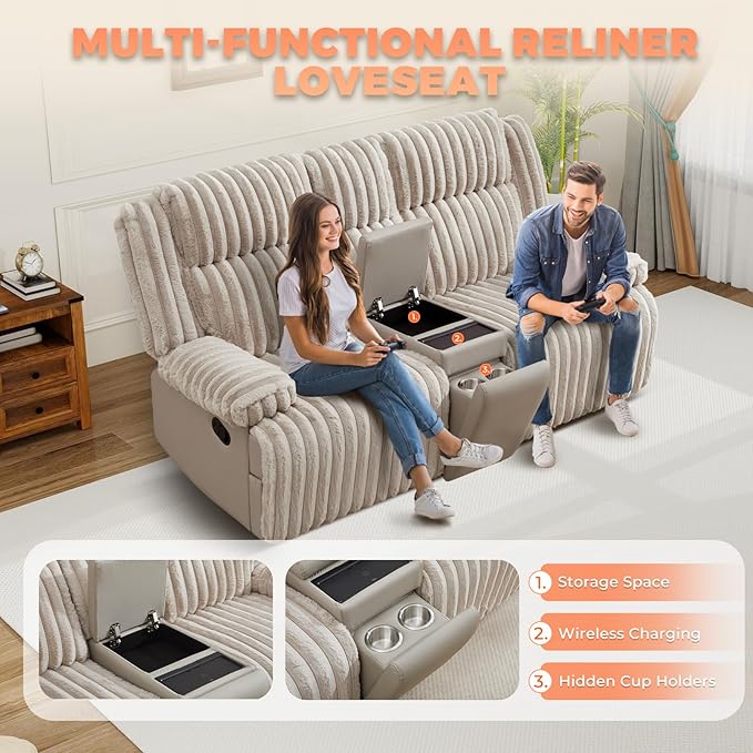 Large Reclining Loveseat with Pillow Top Arm Fluffy Fabric Recliner Sofa with Wireless Charging &amp Hidden Cup Holders Modern Reclining Couch for Living Room/RV/Apartment (Beige 2 Seater)