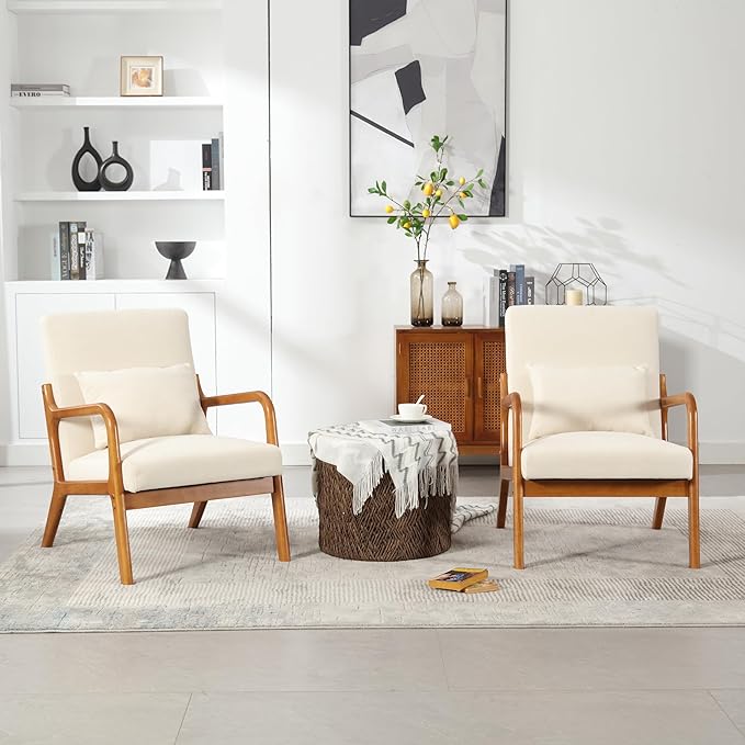 Modern Accent Chair Solid Wood Padding Lounge Armchairs with One Pillow for Living Room Bedroom Guest Room (Beige)