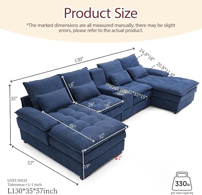 130 U-Shaped Modular Sectional Sofa Oversized Cloud Couches with Storage Console &amp Cup Holders Linen Sofa with Chaise/Pillows 6-Seater Deep Seat Couches for Living Room (Blue) | Breathable mat