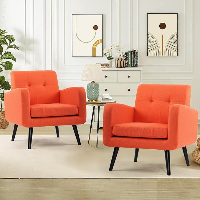 LSSPAID Accent Chairs Set of 2 Modern Orange Linen Fabric Living Room Chairs Comfy Upholstered Armchairs Single Sofa Chair with Solid Wood Legs for Apartment Reading Office