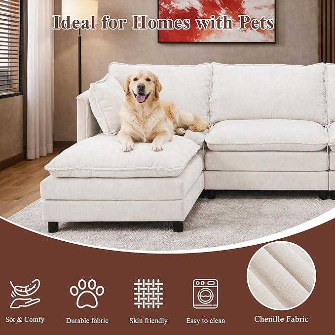 108 U Shaped Couch Comfy Cloud Modular Sectional Sofa with Movable Ottoman Deep Seat Chenille Modern Cloud Sofa Sectional Couches for Living Room Apartment (Beige 4 Seater with 1 Ottoman)