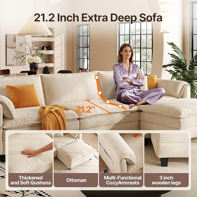 107 L Shaped Modular Sectional Cloud Couch with Pillow Deep Seat Sofa Couches for Living Room 4-Seat Modern Sofa with Movable Ottoman Comfortable Living Room Couch (Beige 107 Inch-L)
