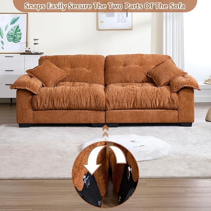 KIVENJAJA 90.5”W Oversized Cloud Loveseat Sofa Modern Chenille Tufted Deep Seat Sectional Couch Overstuffed Comfy Love seat with Pillows for Living Room Apartment Small Space Orange