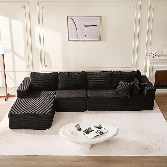 138 Boneless Couch with Deep Seat Set of Modular Sectional Sofa Cloud Sectional Couch for Living Room No Assembly Required Corduroy 4 Seater L-Shape Left Black