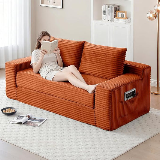 73 Convertible Sofa Bed Pull Out Boneless Loveseat Sleeper Sofa Corduroy Foldable Couch Bed with Storage Bag No Assembly Couch in a Box for Living Room Apartment (Orange)