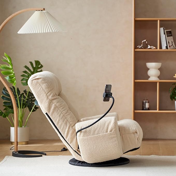 Gwen Upholstered 360° Swivel Chair Lounge Chair with Adjustable Backrest/Headrest Metal Frame Living Room Lounge Sofa and Phone Holder Comfy Bean Bag Chair Beige