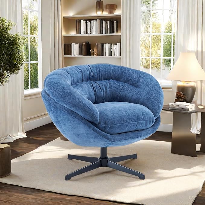 360°Swivel Accent ChairModern Chenille Office ChairRound Office Chairswith Removable CushionBlack Metal Base for Living RoomBedroomReading CornerOfficeAntique Navy Blue