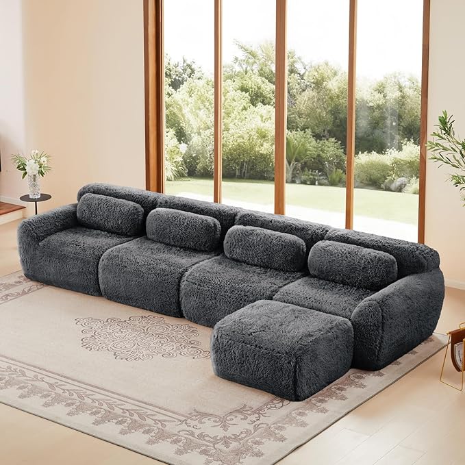 Modern Boneless Ottoman for Modular Sectional Sofa Set Deep Seat Compressed Plush Fabric Fabric Cloud Couches for Living Room Apartment No Assembly Required Grey
