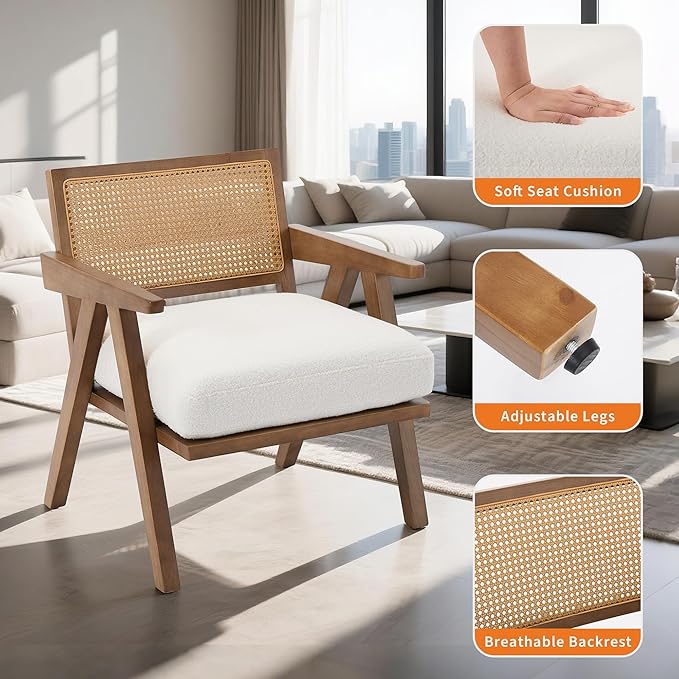 GarveeHome Mid-Century Farmhouse Accent Chair - Wood Armchair with Rattan Backrest &amp Linen Cushion for Living Room Bedroom - White Easy Assembly(2 Pcs)