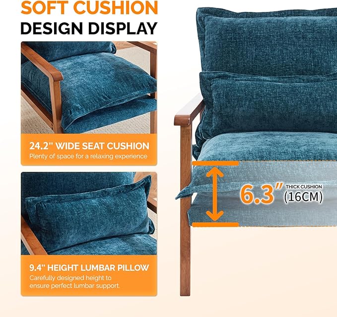 VINGLI Mid-Century Modern Cloud Accent Armchair with Lumbar Pillow 6.3'' Thick Seat Cushion Comfortable Reading Chair with Wooden ArmrestsBoho Lounge Chair for Bedroom Living Room Chenille Teal