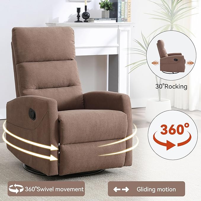 Slim Swivel Rocking Chair Recliner with PocketsLazy Boy Recliners for for AdultsSmall Recliner Chair for Small Spaces Manual Reclining Chairs for Living Room Bedroom Adjustable Backrest (Brown)