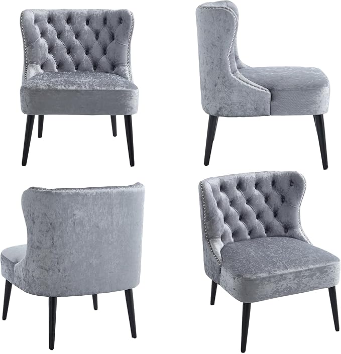 Armless Accent Chair Upholstered Velvet Button Tufted Living Room Chair with Wingback &amp Wood Legs Modern Comfy Slipper Chair for Apartment Waiting Room Bedroom Office Grey