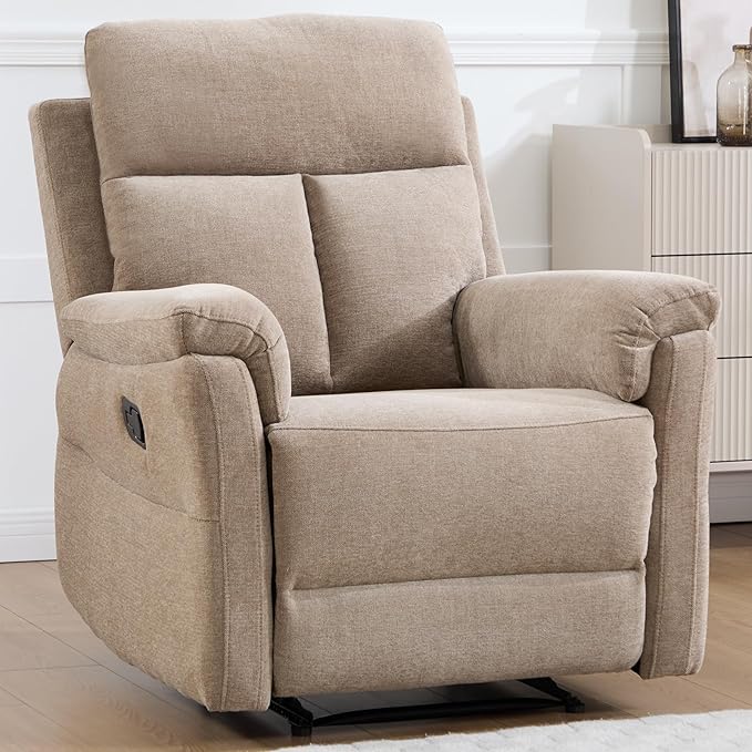 Manual Recliner Chair Soft Fabric Recliner Chair for Adults with Overstuffed Arms and Back Single Sofa for Living Room (Camel)