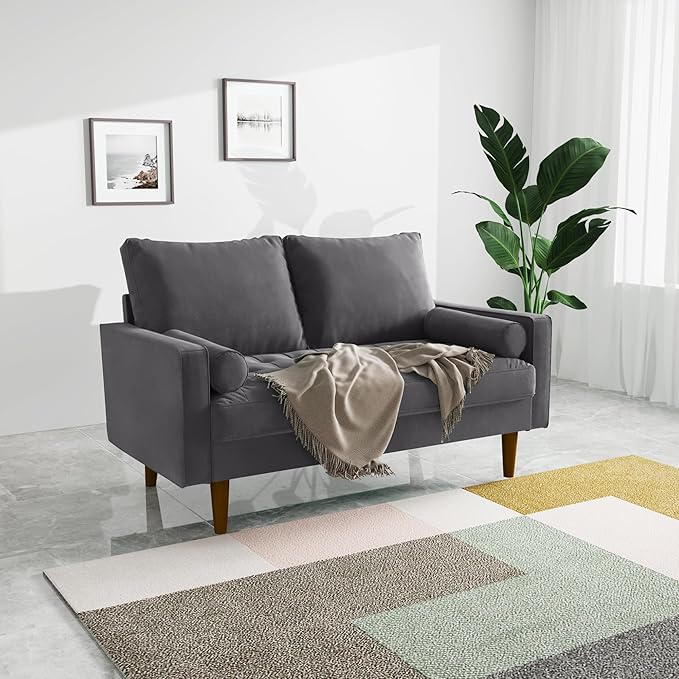 SILKIR Velvet Loveseat Sofa Love Seats Furniture for Small Spaces Mid-Century Modern Loveseats for Living Room Love Seat Couch 58 Inches Grey